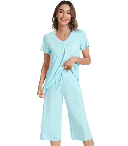 Image of NACHILA Pajamas Set for Women-Viscose Made from Bamboo, Short Sleeve Sleepwear with Capri Pants Pajama V Neck Cool Pjs