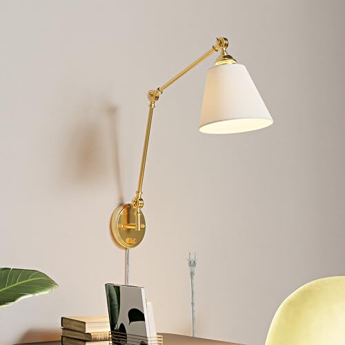 Image of Plug in Wall Sconce, Gold Adjustable Swing Arm Wall Lamp, 1 Pack | Fabric Lampshade, Plug-in or Hardwired, E26 Base, 6.6FT Plug-in Cord, Knob Switch, Living room, bedroom, study room, office