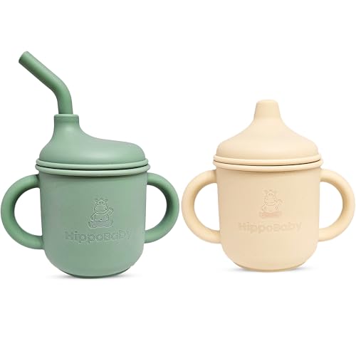 HippoBaby Silicone Transition Sippy Cup for 6+ month old | Includes 1 Toddler straw cup & 1 Baby Sippy Cup with Handles 5 oz | Perfect for Baby Led Weaning (Mint/Cream, 5 oz)