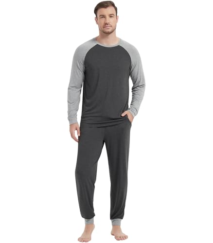 Image of NACHILA Mens Pajamas Set Long Sleeve Henley Sleepwear Top Soft Jogger Pants Pajamas Cool Pjs Set,Viscose Made from Bamboo