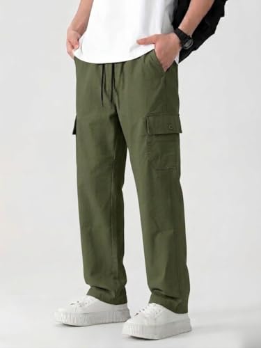Image of Cargo for Men | Cotton Cargo Pant | Lower for man | Elastic Drawstring Waist Straight Fit Bottoms | Comfortable Breathable Cargos for Casual, Office Wear