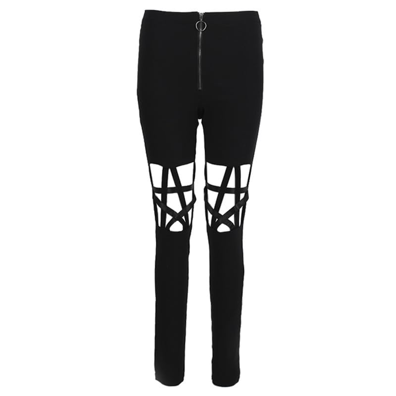 High Waist Skinny Pencil Pants Pentagram Cut-Out Zipper Denim Casual Pants Women