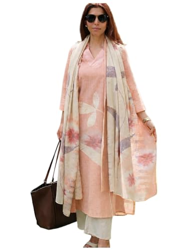 Image of ANNI Designer Women Cotton Blend Straight Fit Printed Kurta Pant Dupatta Set | V Neck Three Quarter Sleeve Ensemble | Soft Breathable Fabric | Comfortable Elegant Styling for Office Casual Wear