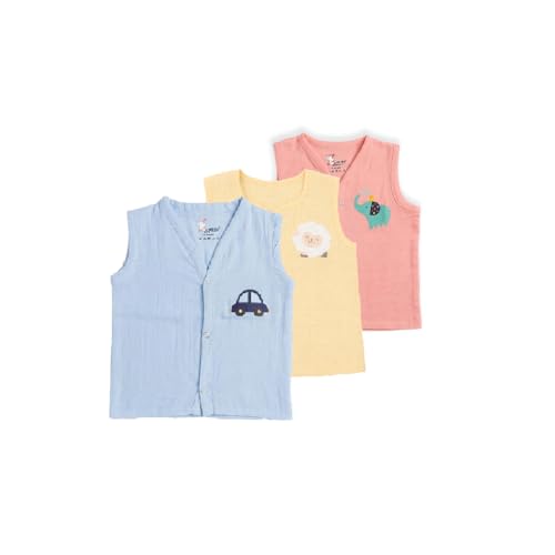 Image of Organic Crinckled Cotton Muslin Front Open Jabla |Cest Print Jhabla | for Newborn & Infants | All Season wear Jabala Baby Products | Sleeveless Vest | Assorted Pack of 3| Size -0-3 Months