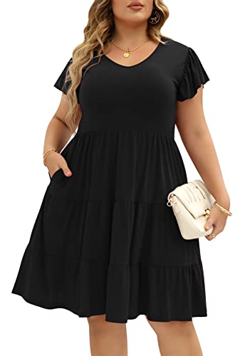 Celkuser Womens Plus Size Casual Summer Dresses Ruffle Sleeve Tiered Swing Midi Dress with Pockets