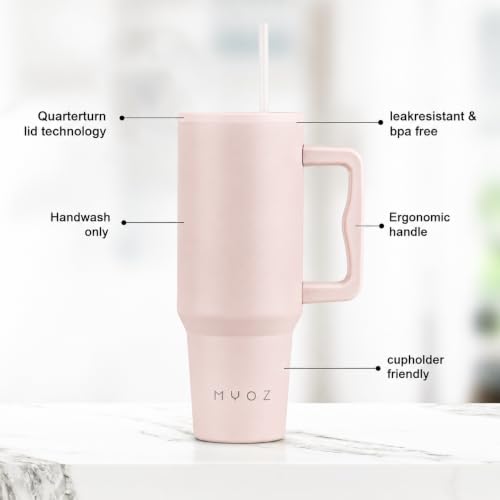Image of MYOZ 1200ML Stainless Steel Water Mug with Handle, Lid, 2 Straws Leak-Proof Cupholder Tumbler for Gym, Travelling- Spill-Proof 40 oz Bottle (Oatmeal)