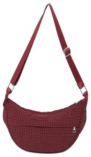 Trendy Women's Plaid Nylon Crescent Crossbody Bag Retro Half Moon Purse with Adjustable Strap for Weekend Vacation