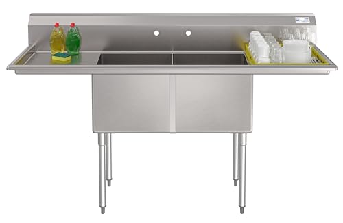 Image of KoolMore 72 in. 18-Gauge 2-Compartment Commercial Sink with Backsplash and Dual 18 in. Drainboards, Bowl Dimensions 18 inchx18 inchx14 inch in Stainless-Steel (KM-SB181814-18B3)
