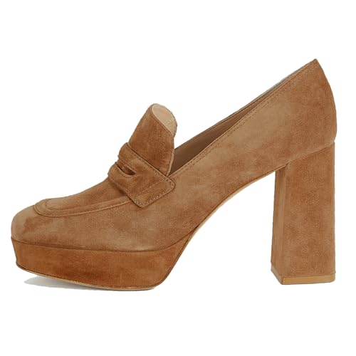 Women Chunky High Heel Platform Loafers Closed Square Toe Heels Suede 4