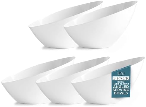 Posh Setting - White Plastic Serving Bowls for Party Angled Bowls Disposable Chip Bowls Candy Bowls for Party Table Salad and Fruit Bowls for Party Wedding Serving Bowls-White, 20 OZ, 5 Pack