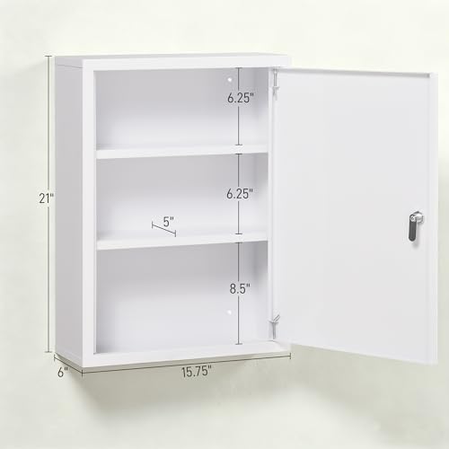 Armario de medicamentos para pared kleankin de 16" x 21", acero blanco, con cerradura y 3 estantes | Baño, cocina, incluye 2 llaves miniatura 3