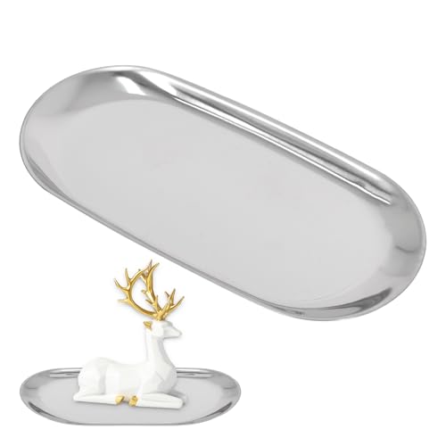 18x8.5cm Bandeja Ovalada Plata, Bandeja de Almacenamiento Ovalada, Bandeja Ovalada de Acero Inoxidable, Bandeja Ovalada Pequeño para Velas Cosméticos Perfumes y aceites Esenciales(Plata)