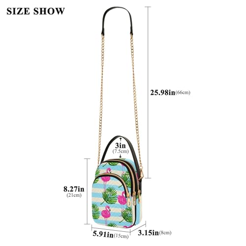 Pink Flamingos Palm Leaves Blue Women Shoulder Handbag Phone Wallet Chain Strap Purse Floral Print Designer Satchel Crossbody Bag, 5.9" × 8.3" × 3.1"3