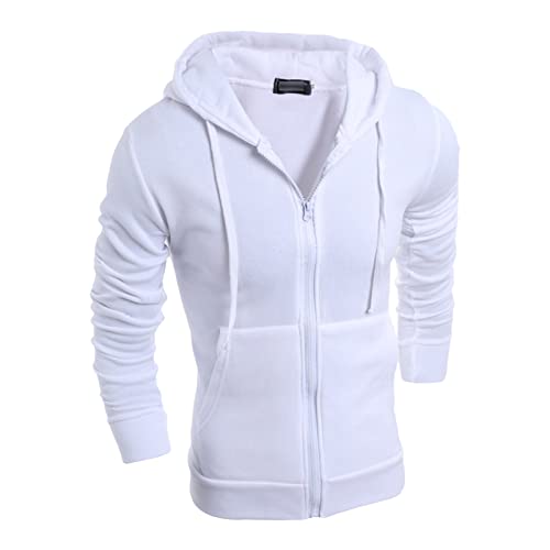 Maiyifu-GJ Men's Long Sleeve Full Zip Hoodie Casual Lightweight Cotton Hooded Sweatshirt Loose Fit Hoodies With Kanga Pocket (White,Large)