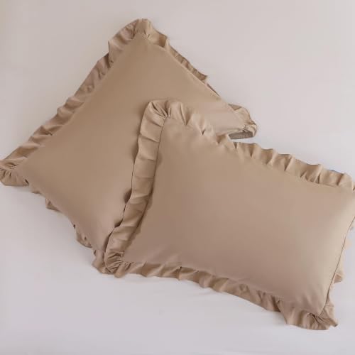 Image of JANZAA Taupe Comforter Set Oversized King - Soft Microfiber, Lightweight All Season Bedding, Ruffle Shabby Chic Aesthetic, Breathable Cozy Bed Set with 2 Pillow Shams, Machine Washable