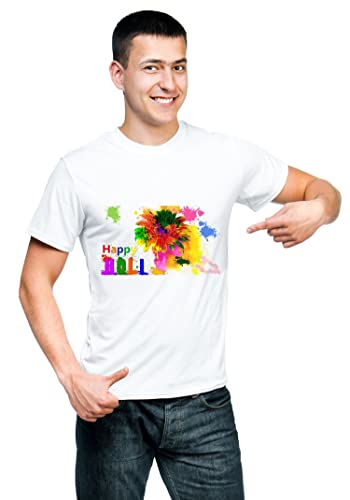 Image of Knitted Polycotton Fabric Regular Fit Men Boys Half Sleeve T-Shirt for Festival of Holi Style 22 White Size : Free