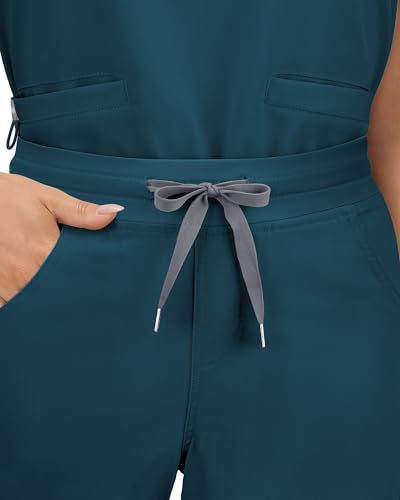 Image of COMENII Scrubs for Women, Knit Yoga Waistband Straight Leg Cargo Pants, Classic Fit Womens Scrubs Pants