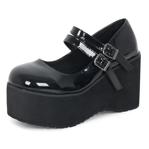 Gothniero Womens Black Platform Mary Janes Goth Lolita Chunky Heel Pumps Gothic Cute Dress Shoes for Women with Ankle Strap Size5.5-10