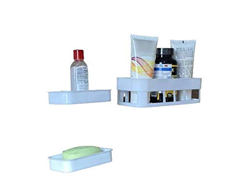 SOCHEP Medium Size Combo Plastic Strong Adhesive Bathroom and Kitchen Self Adhesive Wall Mounted Soap Stand and Bathroom Shelves, White (Bathroom Shelve 2Pcs + Soap Stand 2Pcs) (B08RB1M1HL) Amazon Price History, Amazon Price Tracker