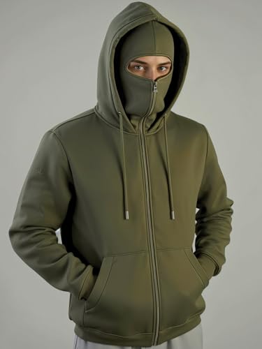 Image of ADRO Men Balaclava Hoodies | 320 GSM Soft Cotton Zipper Hoodie | Thumb-Hole Cuff Gloves | Travel Jacket with Hood | Winter Sweatshirt