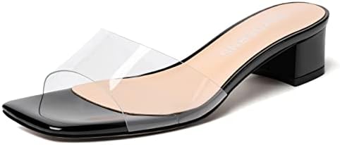 WAYDERNS Women's Black Open Toe Slip On Chunky 1.5 Inch Low Heel Dating Clear PVC Heeled Sandals Size 11 - Tacon Bajo para Mujer