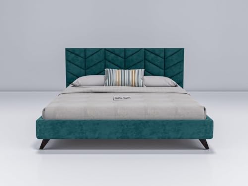 Image of Craft Modern Upholstered King Size Bed for Bedroom | Wooden Double Bed | Platform Cot Bed with Upholstery Premium Fabric | 6.5 x 6 Ft, Sheesham Wood Turquoise, Brown