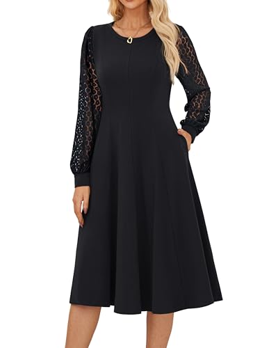 GRACE KARIN Women's 2025 Casual Long Lace Sleeve Dresses, Summer Flowy Crewneck A Line Plain Midi Dress with Pockets