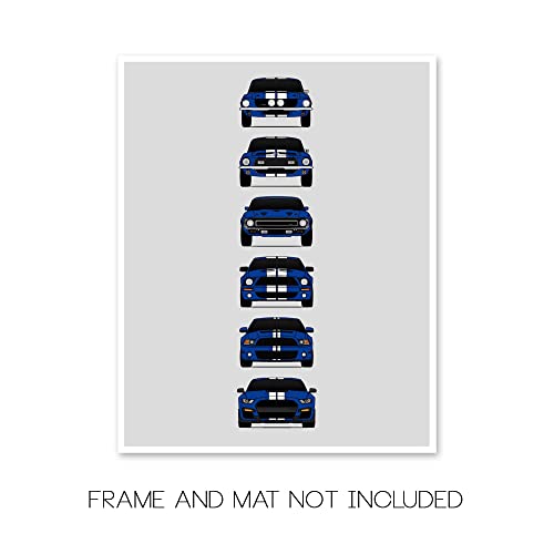 Shelby Mustang Gt500 Generations Inspired Car Poster - Handmade Print Of Ford Shelby Gt500 - Blue With White Stripes, 8X10" Satin Print (Unframed) - Perfect Gift For Car Enthusiast #TOP1