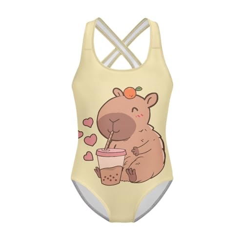 Yuuxorilu Cute Capybara Swimsuit Girls One Piece Swimsuit Size 7 8 Kids Swimwear with Cross Back Strap Crewneck Athletic Beach Swimming Suits