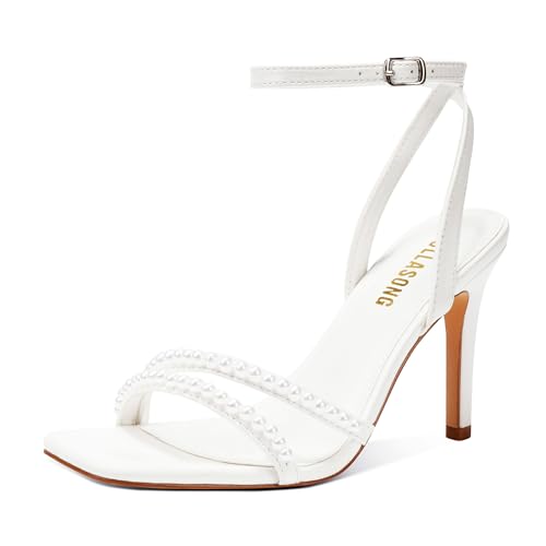 LULLASONG White Pearl Heels Strappy Ankle Strap High Womens Heels 3.5 Inch Heeled Square Open Toe Sandals for Women