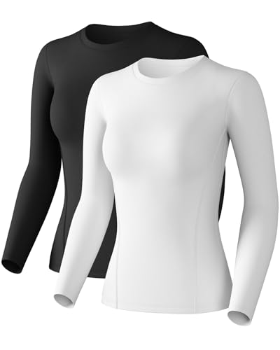 Women Long Sleeve Compression Sun Shirts Workout Athletic Top 2 Pack Medium