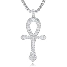 Ankh Necklace 925 Sterling Silver Iced Out Pave 5A CZ Ankh Cross Pendant Necklaces Egyptian Jewelry for Men Women, w/Stainless Steel Chain 22 + 2
