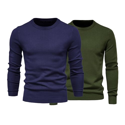 2 Pack Mens Knit Dress Sweater Crewneck Long Sleeves Slim Fit Sweaters Business Casual Ribbing Pullover Tops
