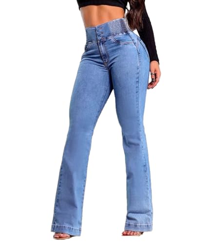 Sexyshine Women's Smocked High Waisted Bell Bottom Jeans Stretchy Slim Fit Flare Bootcut Denim Pants