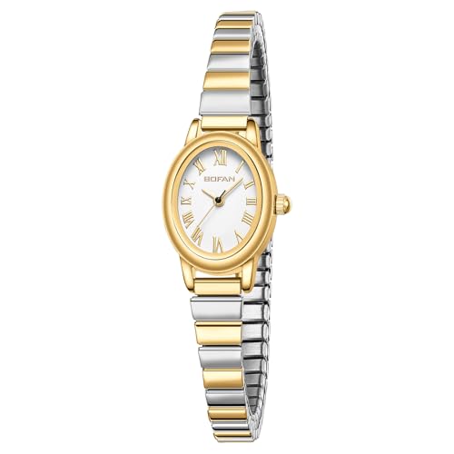 Petite montre femme facile à lire BOFAN montre ovale bracelet extensible acier