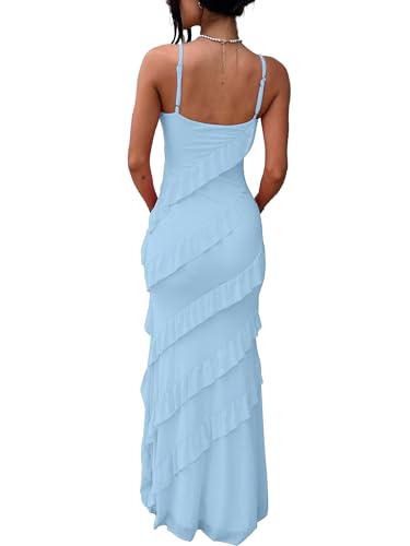 Image of HOCILLE Women's Sexy V Neck Backless Bodycon Spaghetti Strap Elegant Ruffle Maxi Cocktail Party Dresses