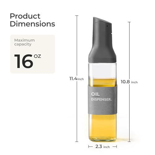 stackbear Olive Oil Dispenser for Cooking - 16oz Leakproof Glass Oil Dispenser Bottle with Gravity Spout, Air Fryer, BBQ, Healthy Salad & Non-Stick Pans, BPA-Free, Easy to Refill and Use, Dark Grey