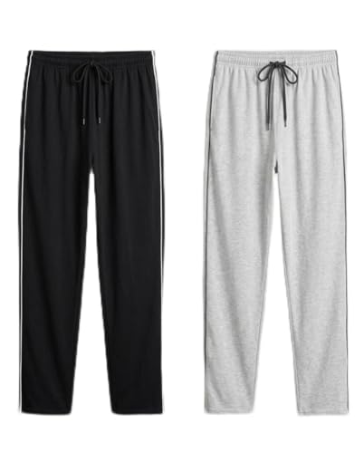Image of Men's Pyjama Bottoms with Side Stripe, Black and Grey, Cotton Blend, Elastic Waistband with Drawstring, Relaxed Fit, 2 Pack