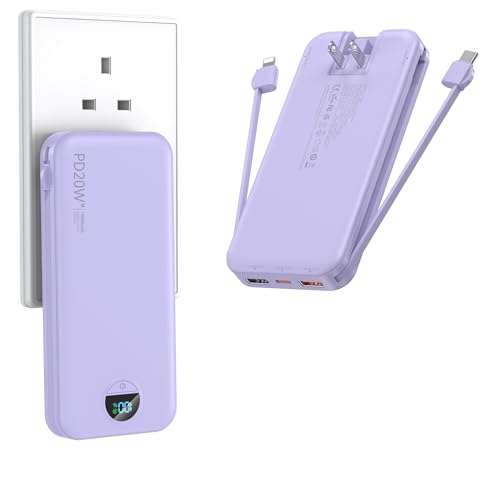 Portable Charger with Wall Plug, 10000mAh USB C Power Bank Fast Charging, External Battery Pack with Built in Cables, Digital Display, 5 Output 4 Inpu