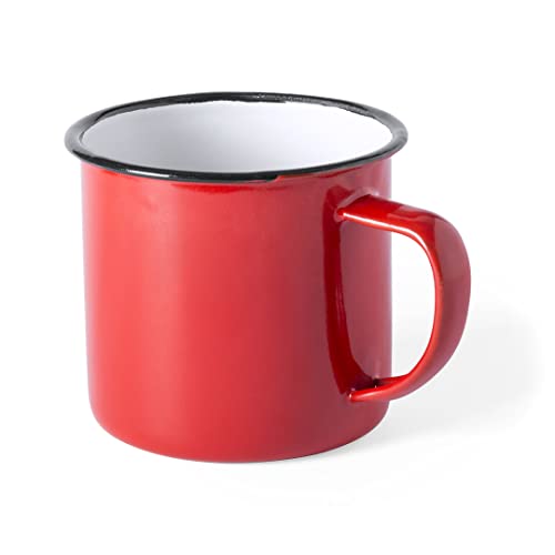 eBuyGB Set of 2 380ml Coloured Enamel Mugs Retro Outdoor Camping Travel Tin Rustic Metal Cups (Red)