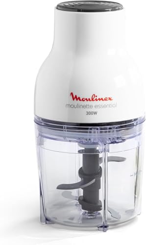 Moulinex Moulinette Essential DJ5201 - Picadora 3 en 1 pica, mezcla y trocea, sistema tapa de presión 300 W, capacidad 0.4 L, para picar todo tipo de ingredientes con 4 cuchilla con tapa removibles