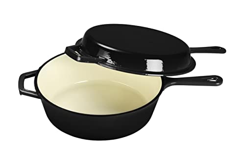 ECHTWERK Sauteuse et poêle à griller, Grille en fonte avec couvercle, Marmite en fonte avec revêtement émaillé, Convient pour les fours, grills, BBQ et...