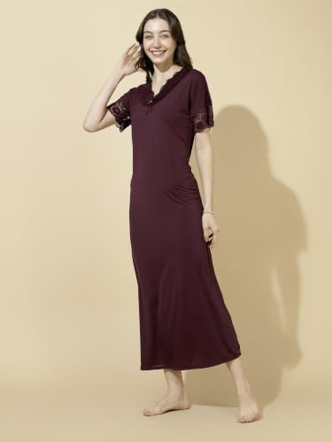 Image of 9shines Label Stylish Soft Modal Maxi Nighty | Honeymoon Nighty | Full Length Trendy Nightgown | V-Neck Lace | Premium Nightdress | Soft Long Nightdress | Maxi Gown Nightwear for Women (Malai Satin)