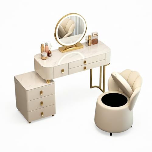 Farmhouse Mesa de maquillaje grande, combinación de tocador con tapa de mármol, Tocador con espejo y 6 cajones, gabinete lateral y taburete de almacenamiento, for dormitorio, vestidor, blanco(L:100cm)