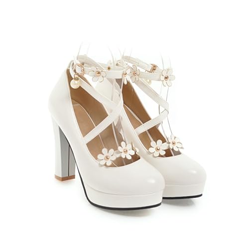 Women's Mary Jane Chunky Platform Strappy Pumps Closed Round Toe Block High Heels Ankle Buckle Cross Strap Flower Pearl Dress Ladies Shoes for Wedding Party2