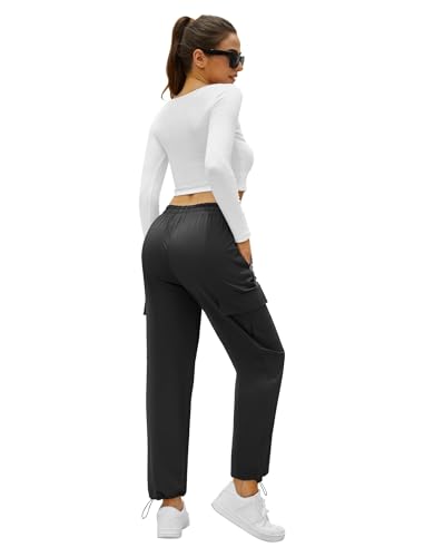 Friptspyg Outdoor Hosen Cargohose Damen Leichter Trekkinghose Wanderhose Schnelltrocken Wasserdicht Einstellgurt Sportlich Jogginghose mit Taschen,Schwarz S