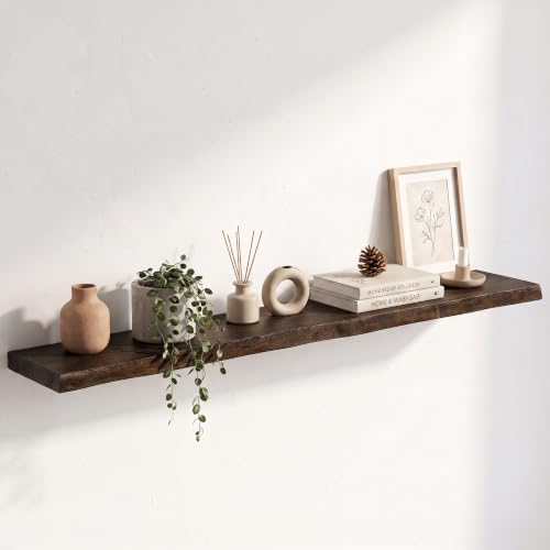 Image of Live Edge Elm Floating Shelves - 48 In Rustic Solid Wood Shelves with Heavy-Duty Invisible Bracket, Wall-Mounted Wooden Shelf for Living Room, Bathroom, Kitchen Storage & Display, Set of 1, Walnut