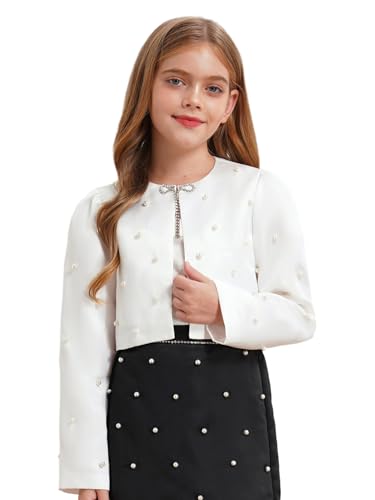 Girls Bolero Cardigan Kids Long Sleeve Satin Open Front Faux Pearls Shrug Cropped Cover Up Jacket Tops3