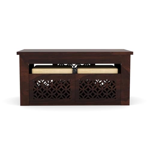 Image of Solid Sheesham Wood Coffee Table with 2 Stools for Home, Office | Wooden Center Coffee Table for Living Room, Center Table with Shelf Storage | (CNC- Walnut Finish)