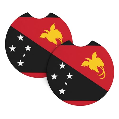 Lot de 2 dessous de verre en néoprène absorbant avec drapeau de la Papouasie-Nouvelle-Guinée - Antidérapants - Ajustement universel - Accessoires d'intérieur pour véhicule